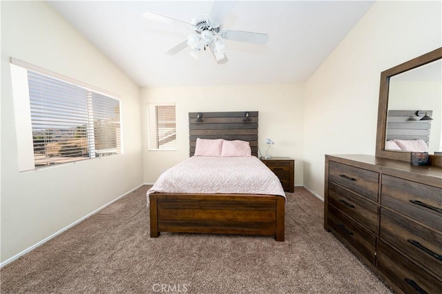 bedroom with lofted ceiling, carpet flooring, and ceiling fan