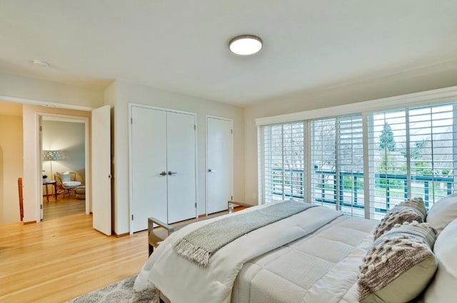 bedroom with light hardwood / wood-style floors and a closet