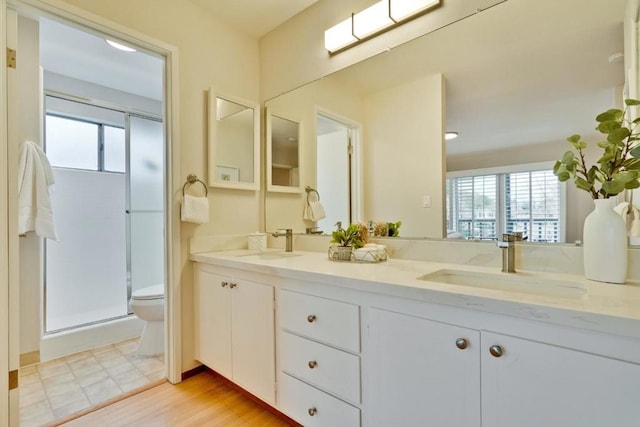 bathroom featuring vanity, hardwood / wood-style floors, toilet, and walk in shower