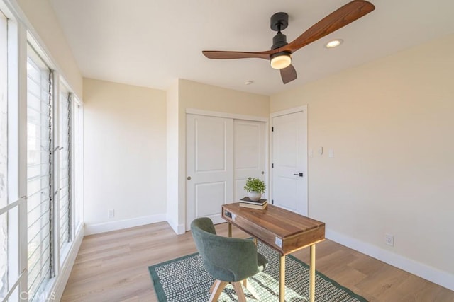 office space with ceiling fan and light hardwood / wood-style floors