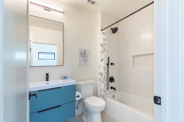 full bathroom featuring vanity, shower / bathtub combination with curtain, and toilet