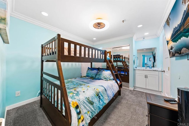 carpeted bedroom featuring ornamental molding