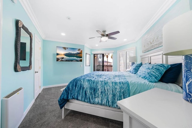 carpeted bedroom with crown molding and ceiling fan