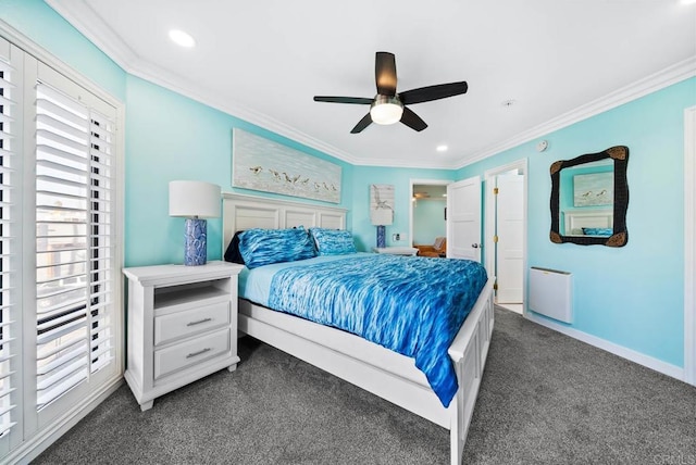 carpeted bedroom with radiator, crown molding, and ceiling fan