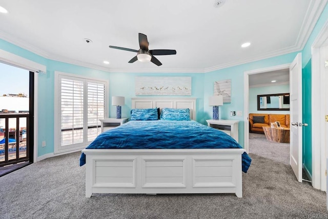 bedroom with light carpet, access to exterior, ornamental molding, and ceiling fan