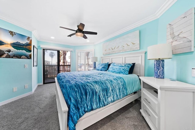 bedroom with dark colored carpet, ceiling fan, crown molding, and access to outside