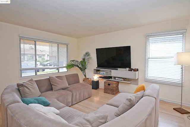 living room featuring a wealth of natural light and light hardwood / wood-style floors