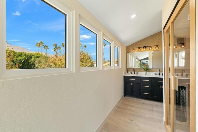 bathroom featuring vanity, wood-type flooring, and lofted ceiling