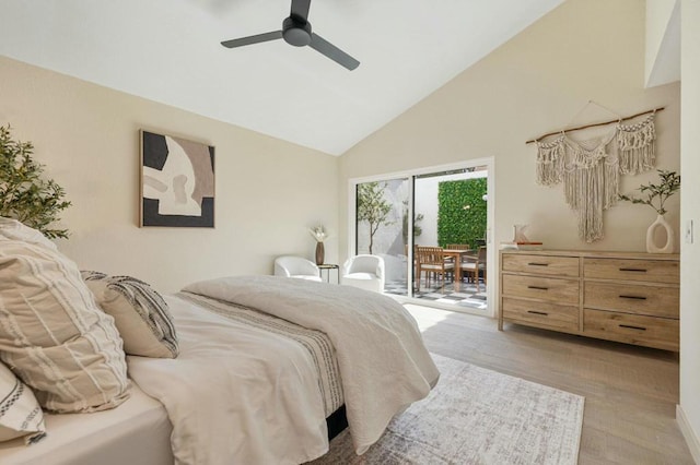 bedroom featuring access to outside, high vaulted ceiling, ceiling fan, and light wood-type flooring