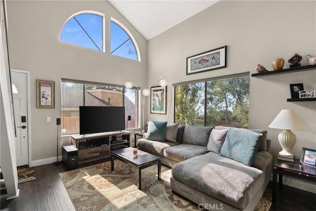 living room with dark hardwood / wood-style flooring and high vaulted ceiling