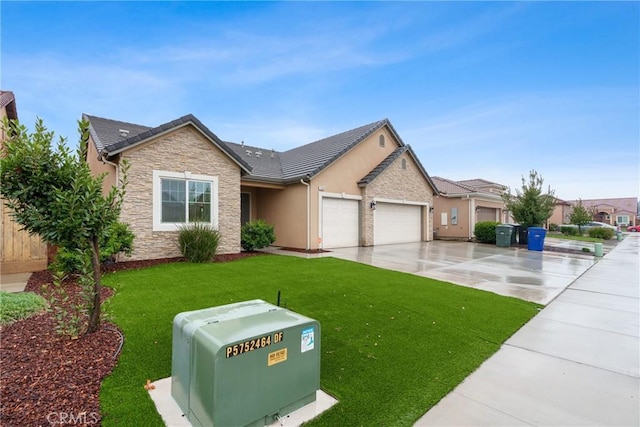 single story home featuring a front lawn, stone siding, an attached garage, and concrete driveway