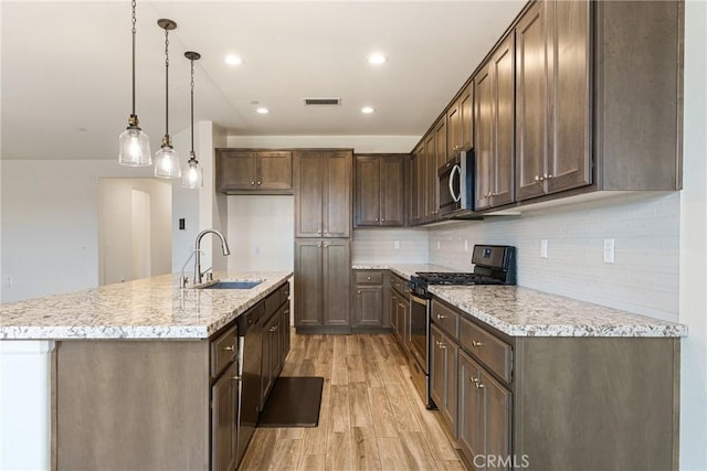 kitchen with stainless steel appliances, visible vents, backsplash, light wood-style flooring, and a sink