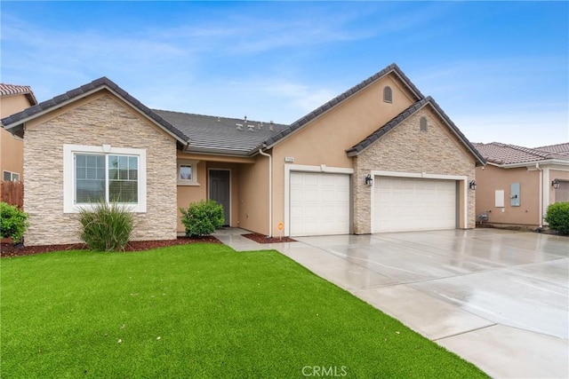 ranch-style house featuring a garage, a front lawn, concrete driveway, and stucco siding