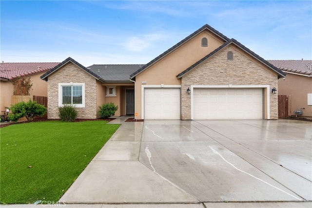 ranch-style house with stucco siding, concrete driveway, an attached garage, a front yard, and stone siding