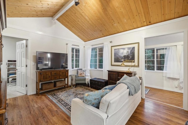 living room featuring lofted ceiling with beams, wood-type flooring, and wooden ceiling