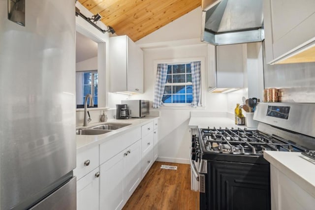 kitchen with white cabinetry, appliances with stainless steel finishes, sink, and wall chimney range hood