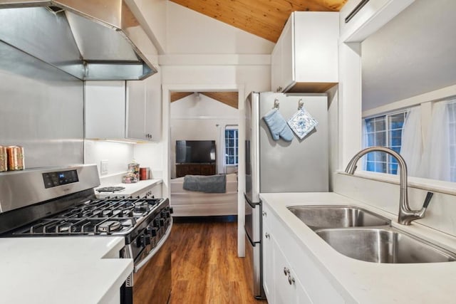 kitchen featuring white cabinetry, lofted ceiling, stainless steel appliances, and sink