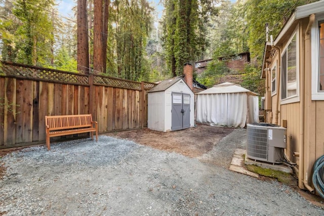 view of yard with cooling unit and a storage unit