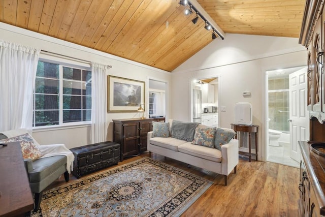 living area with vaulted ceiling, rail lighting, light wood-type flooring, and wooden ceiling