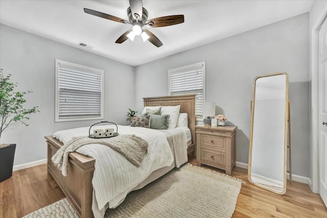 bedroom with ceiling fan and light wood-type flooring