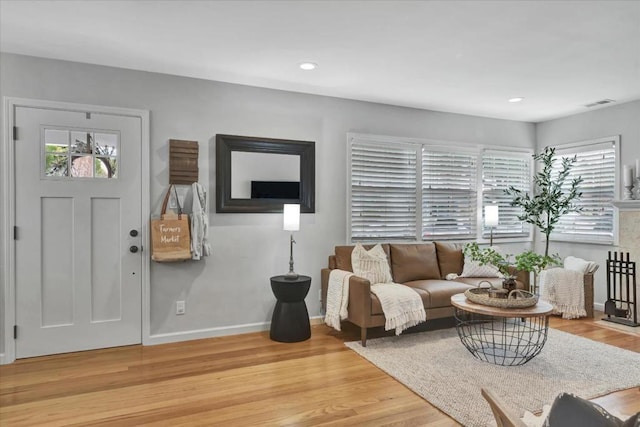 living room featuring a wealth of natural light and light wood-type flooring