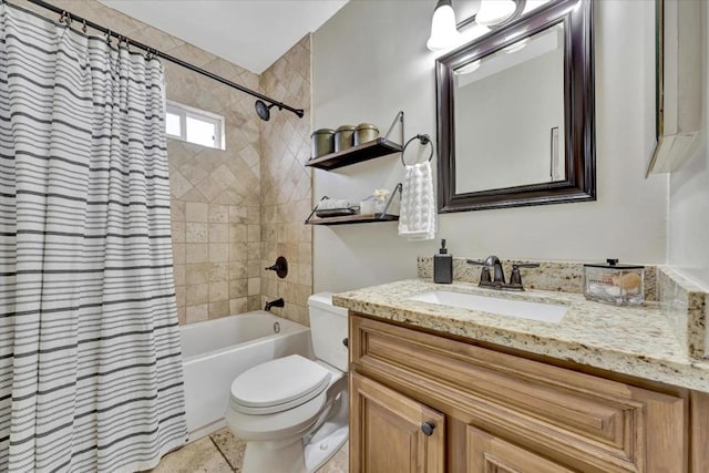 full bathroom with vanity, shower / tub combo with curtain, and toilet