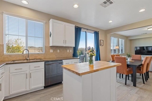 kitchen with tasteful backsplash, white cabinetry, sink, a center island, and stainless steel dishwasher