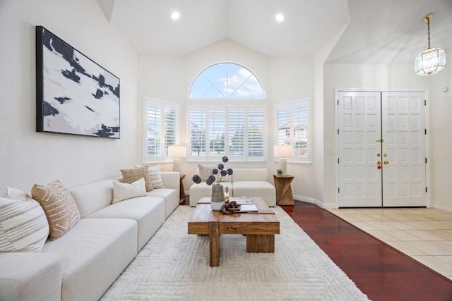 living room featuring vaulted ceiling and wood-type flooring