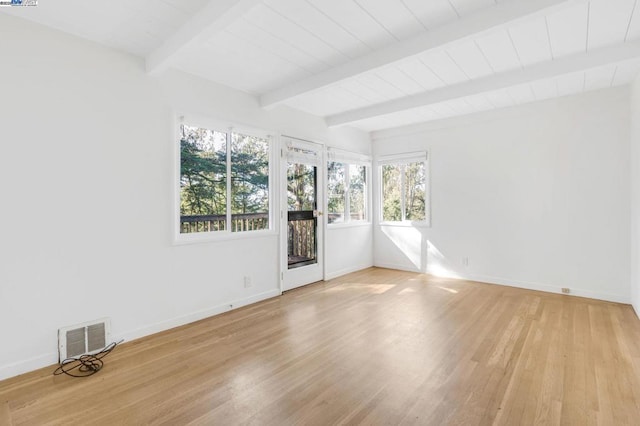 unfurnished room featuring light hardwood / wood-style flooring, plenty of natural light, wooden ceiling, and beamed ceiling