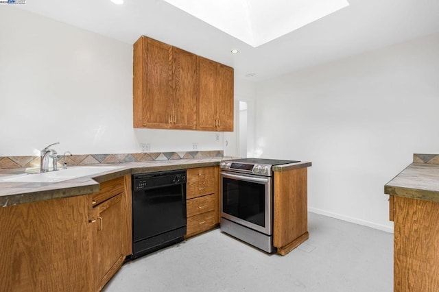 kitchen featuring a skylight, black dishwasher, sink, and stainless steel electric range