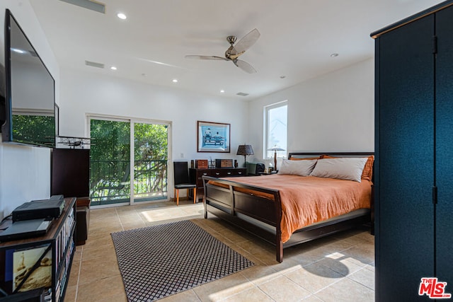 bedroom with light tile patterned floors, access to outside, and ceiling fan