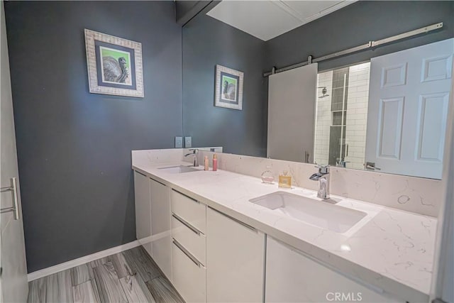 bathroom with vanity and a shower