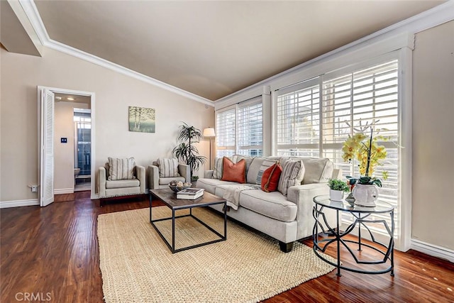 living room featuring lofted ceiling, ornamental molding, and dark hardwood / wood-style flooring