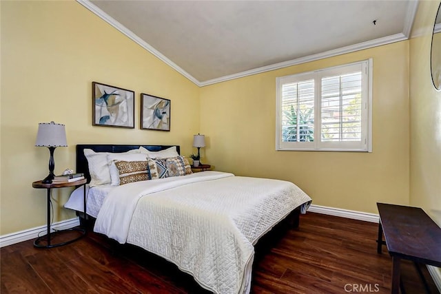 bedroom featuring crown molding, lofted ceiling, and dark hardwood / wood-style flooring