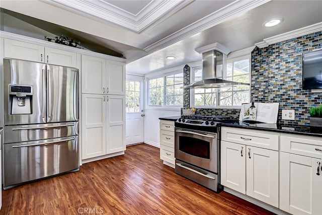 kitchen featuring white cabinets, appliances with stainless steel finishes, ornamental molding, and island range hood