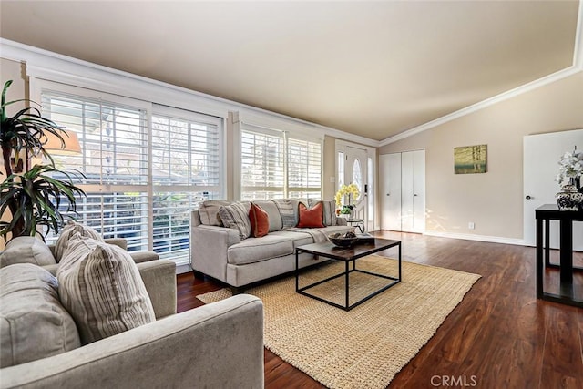 living room featuring lofted ceiling, crown molding, and dark hardwood / wood-style floors