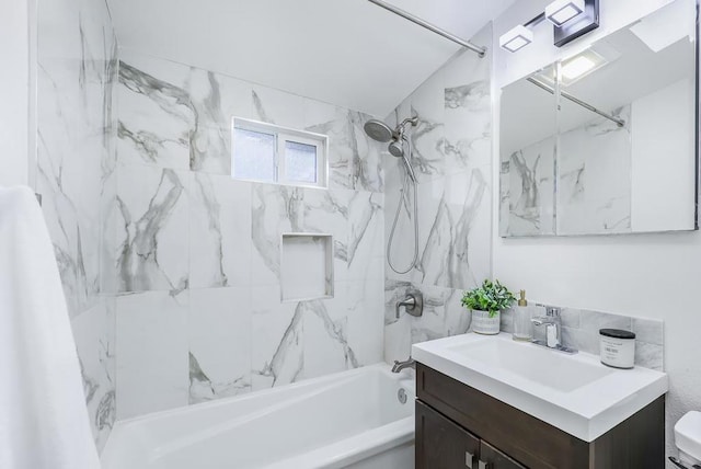 full bathroom featuring vanity, shower / tub combo, and toilet