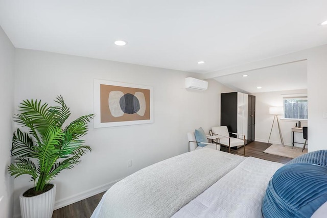 bedroom with lofted ceiling, dark wood-type flooring, and a wall mounted AC