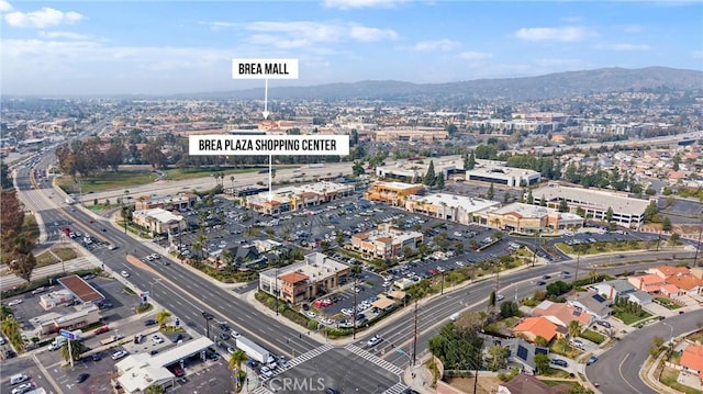 drone / aerial view featuring a mountain view