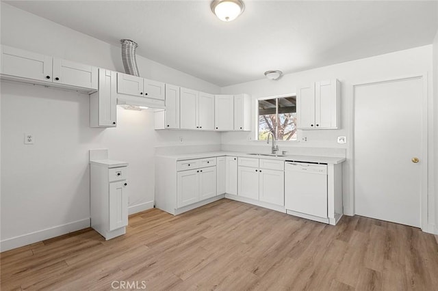 kitchen featuring white cabinetry, light hardwood / wood-style floors, dishwasher, and sink