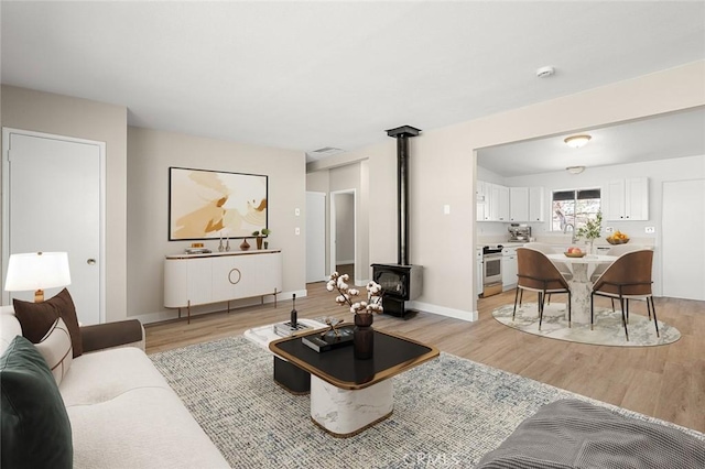 living room featuring light hardwood / wood-style floors and a wood stove