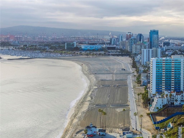 aerial view featuring a water view and a beach view