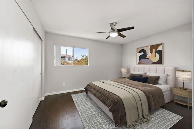 bedroom featuring dark hardwood / wood-style floors, ceiling fan, and a closet