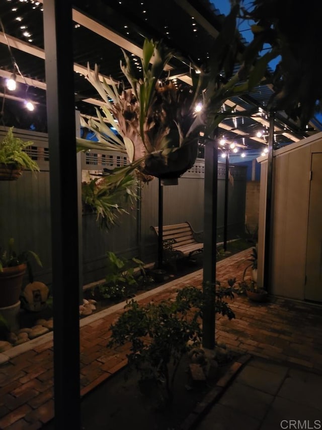 view of patio at night