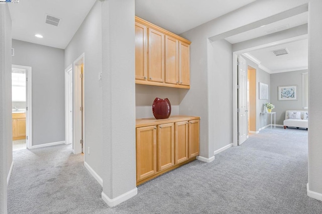 hall featuring light colored carpet