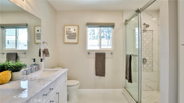 bathroom with a wealth of natural light, a shower with shower door, and toilet