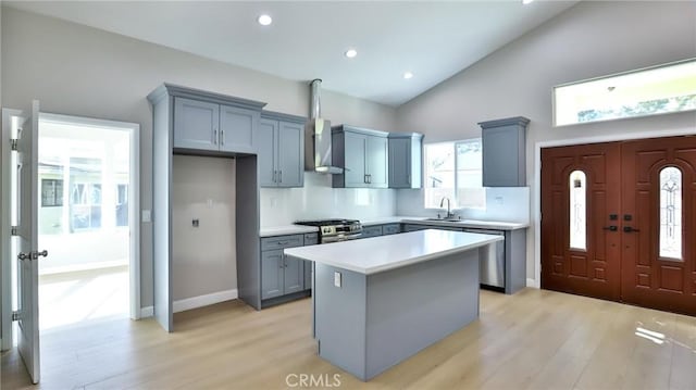 kitchen with light hardwood / wood-style floors, appliances with stainless steel finishes, a center island, and sink