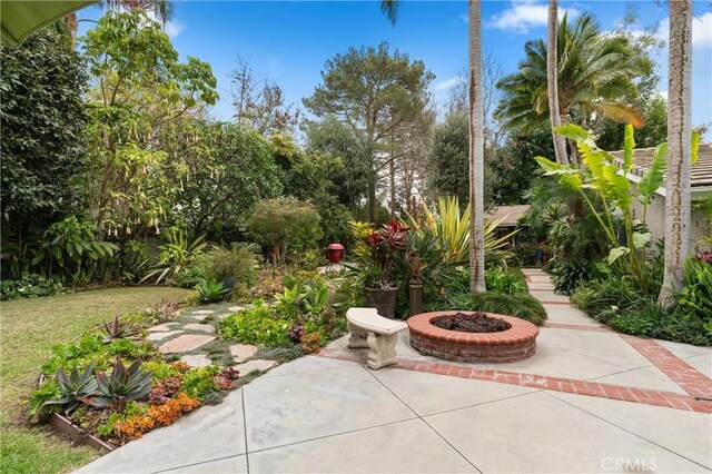 view of yard featuring a patio area and a fire pit