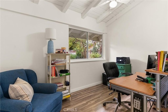 office space featuring ceiling fan, wood-type flooring, lofted ceiling with beams, and wooden ceiling