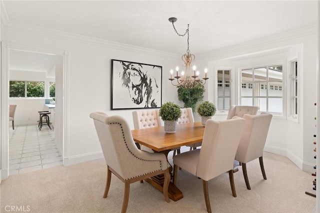 dining area with an inviting chandelier, light colored carpet, ornamental molding, and a wealth of natural light